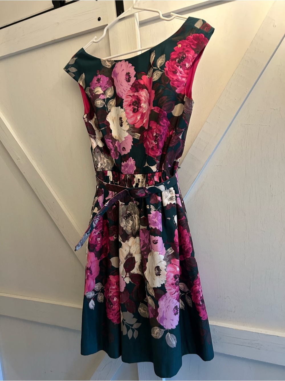 Eliza J Belted Boatneck Floral Fit-and-Flare Dress in Teal and Pink- size 4